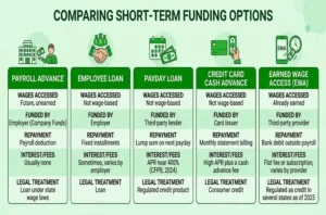 Comparing short-term funding options including payroll advances, employee loans, payday loans, credit card cash advances, and earned wage access (EWA).