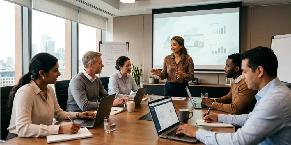 Business professionals participating in payroll training during a team meeting