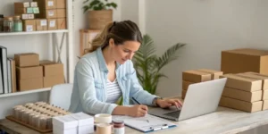 Small business owner managing online orders and inventory at a laptop