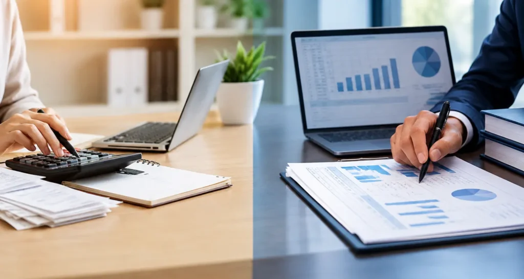 Bookkeeping vs. accounting showing financial recordkeeping and financial analysis in an office.