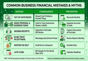 Common business financial mistakes and myths, including outdated books, mixed personal and business funds, missing receipts, late filing, and tips for prevention.