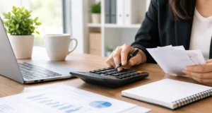Small business bookkeeping costs calculated using a calculator, financial documents, and a laptop