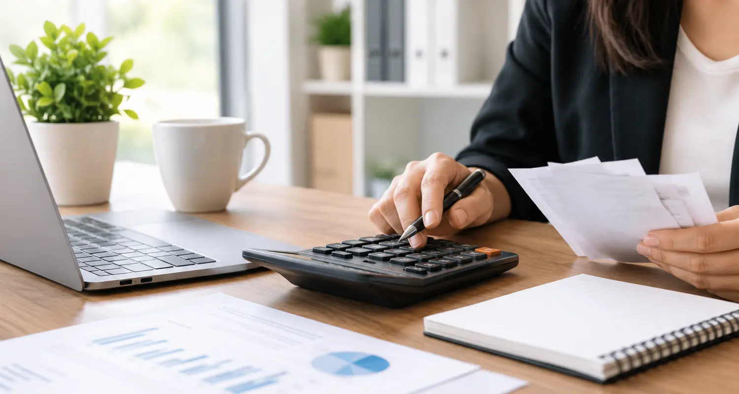 Small business bookkeeping costs calculated using a calculator, financial documents, and a laptop