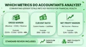 Financial metrics accountants analyze, including gross margin, current ratio, net profit margin, cash flow trends, and debt-to-equity ratios.