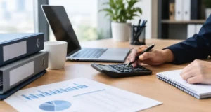 Outsourced bookkeeping professional reviewing financial records with calculator and laptop