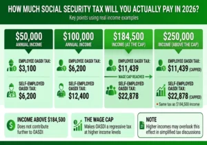 2026 Social Security tax amounts for $50,000, $100,000, $184,500, and $250,000 annual incomes, showing employee and self-employed OASDI taxes