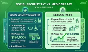 Infographic comparing Social Security tax and Medicare tax, including tax rates, 2026 wage cap, and additional Medicare tax.