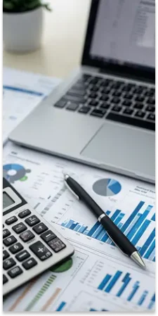 Business accounting reports with calculator, laptop and financial charts